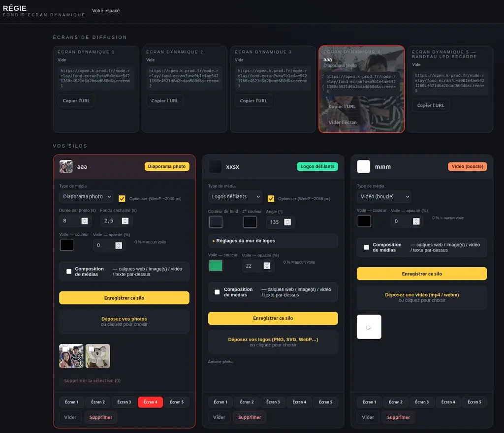 K-PROD Open — outils de composition, fonds dynamiques et prompteur